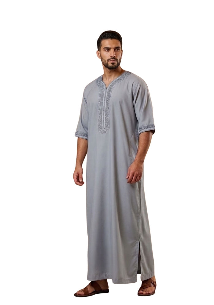 Half Sleeves Moroccan Thobes For Men -Light Grey