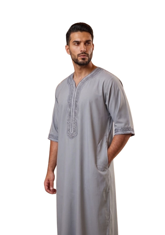 Half Sleeves Moroccan Thobes For Men -Light Grey