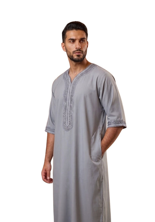 Half Sleeves Moroccan Thobes For Men -Light Grey