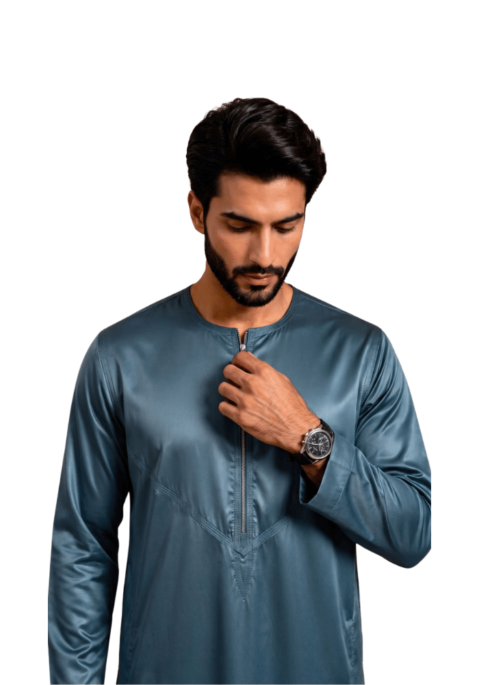 Mens Shiny Emirati / Omani Thobe -Teal Blue