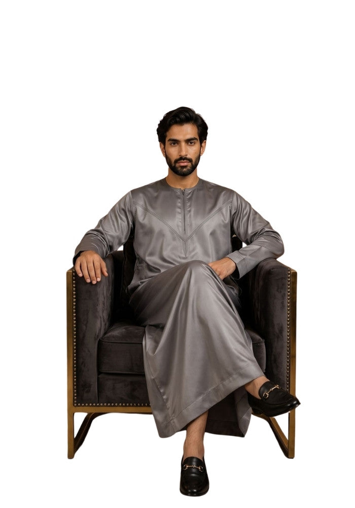 Mens Shiny Emarati / Omani Thobe -Grey