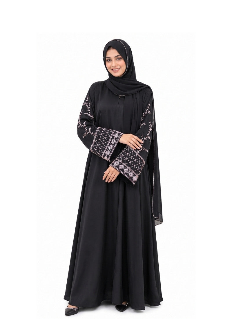 Women's Embroidered Bell Sleeve Abaya - Black