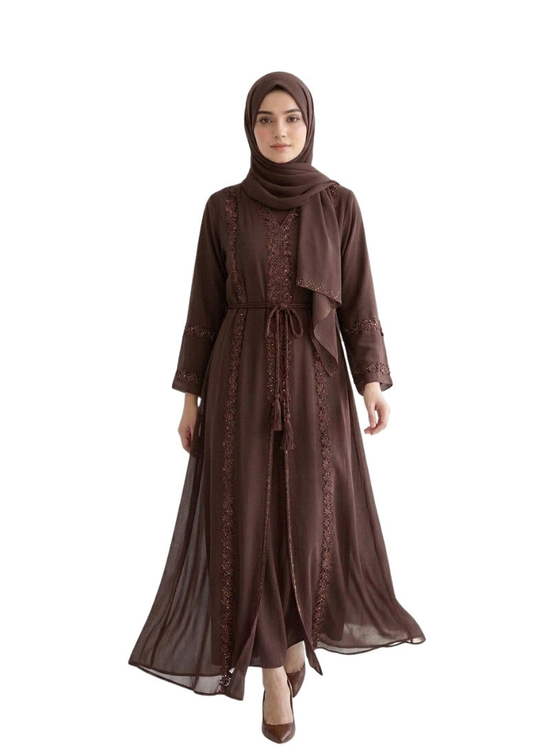 Women's Embellished Abaya with Floral Laces Belt