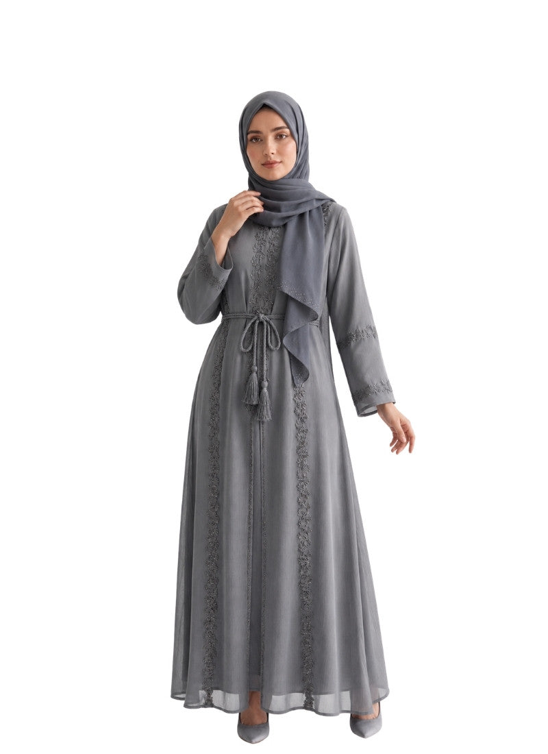 Women's Embellished Abaya with Floral Laces Belt