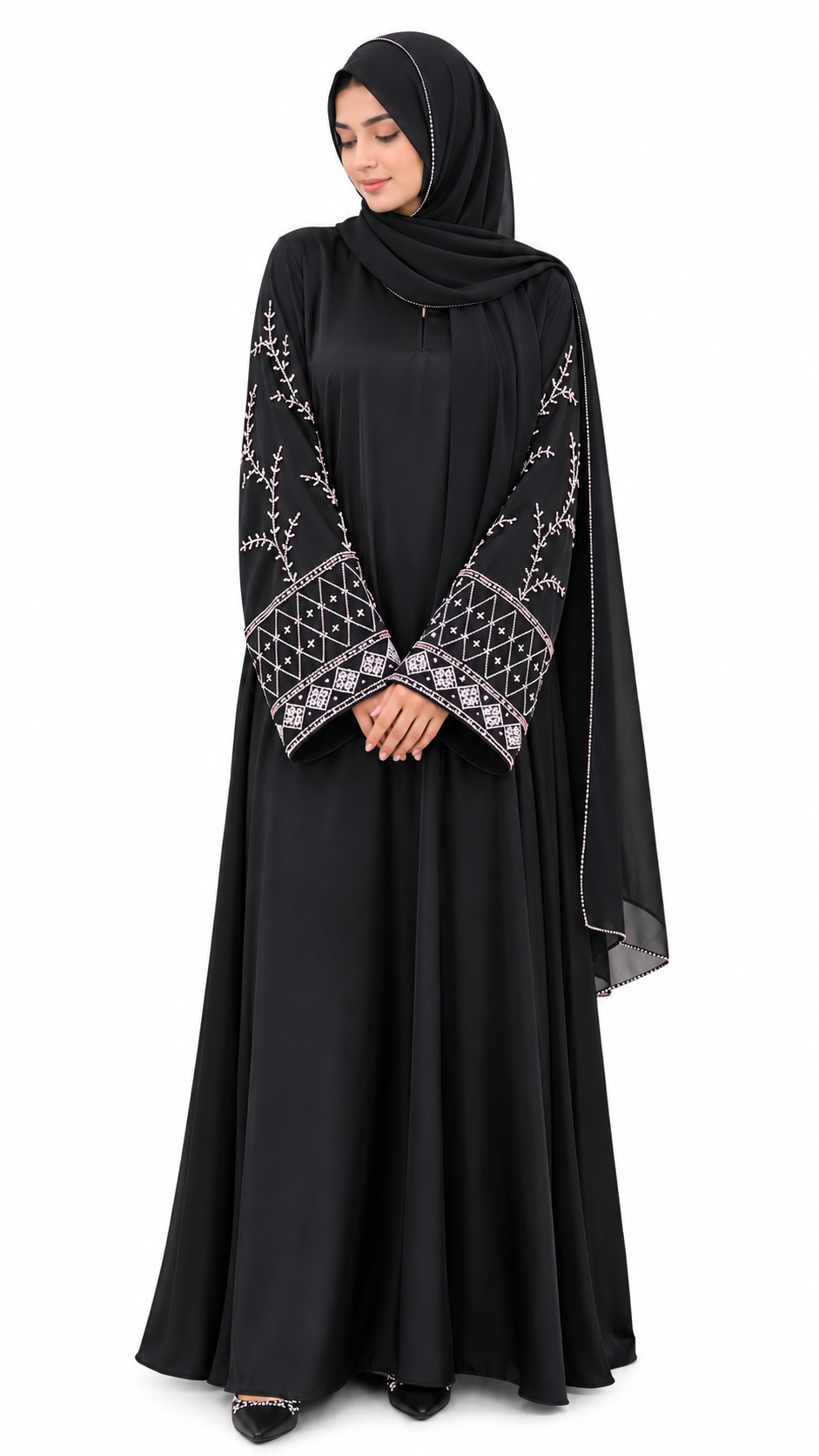 Women's Embroidered Bell Sleeve Abaya - Black