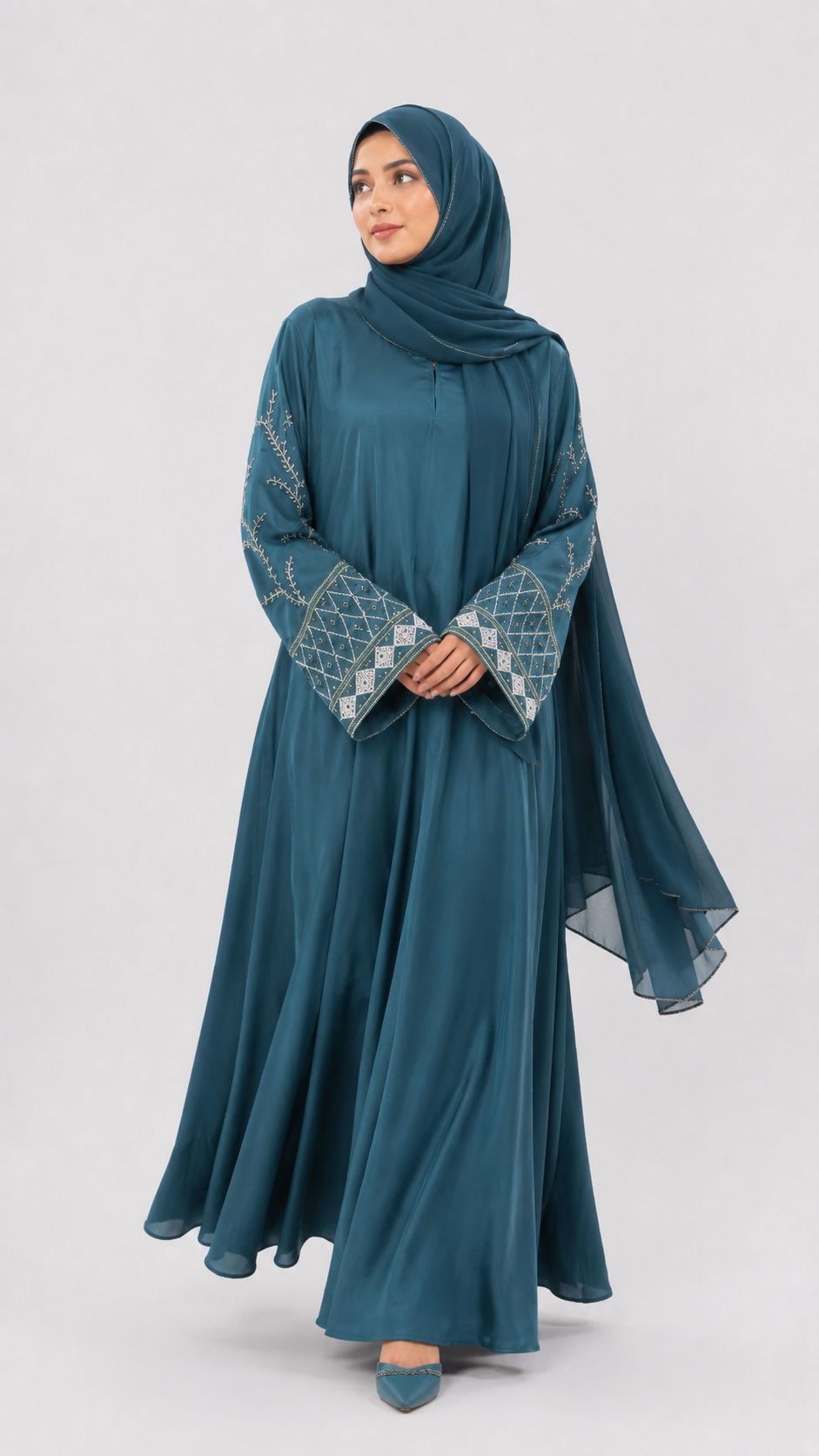 Women's Embroidered Bell Sleeve Abaya with Hijab Set