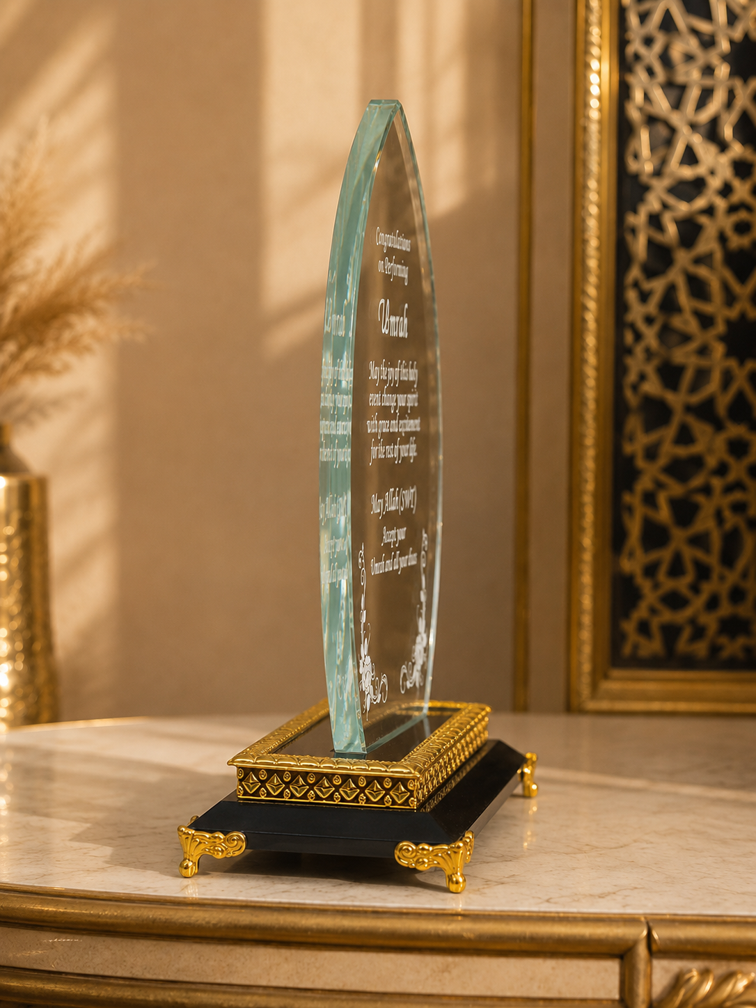 Umrah Mubarak Frosted Crystal Plaque Gift with Gold Stand