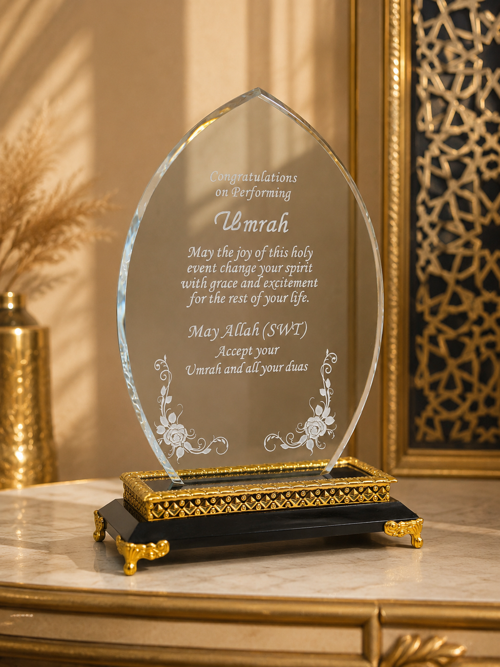 Umrah Mubarak Frosted Crystal Plaque Gift with Gold Stand