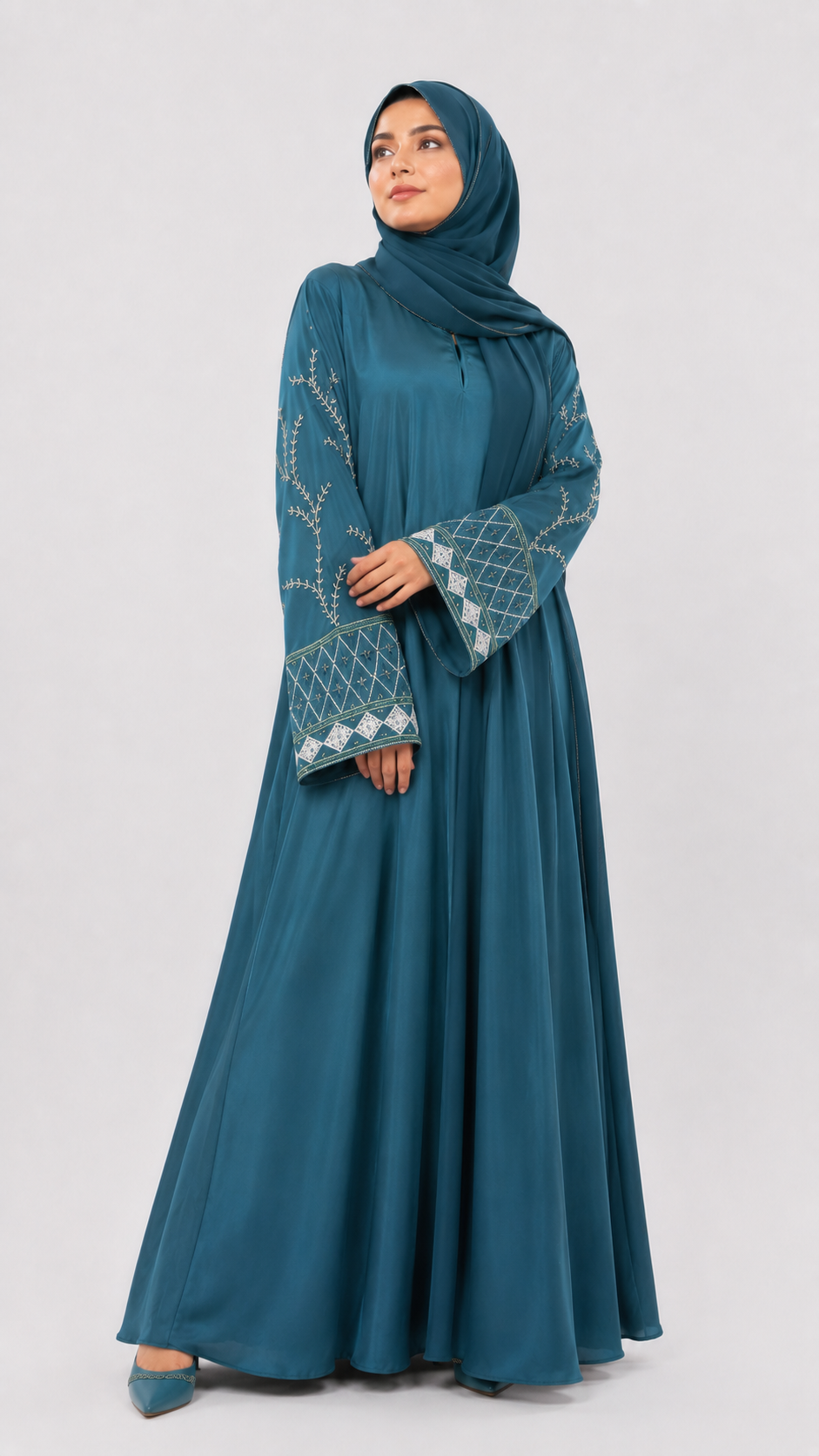 Women's Embroidered Bell Sleeve Abaya - Sea Green