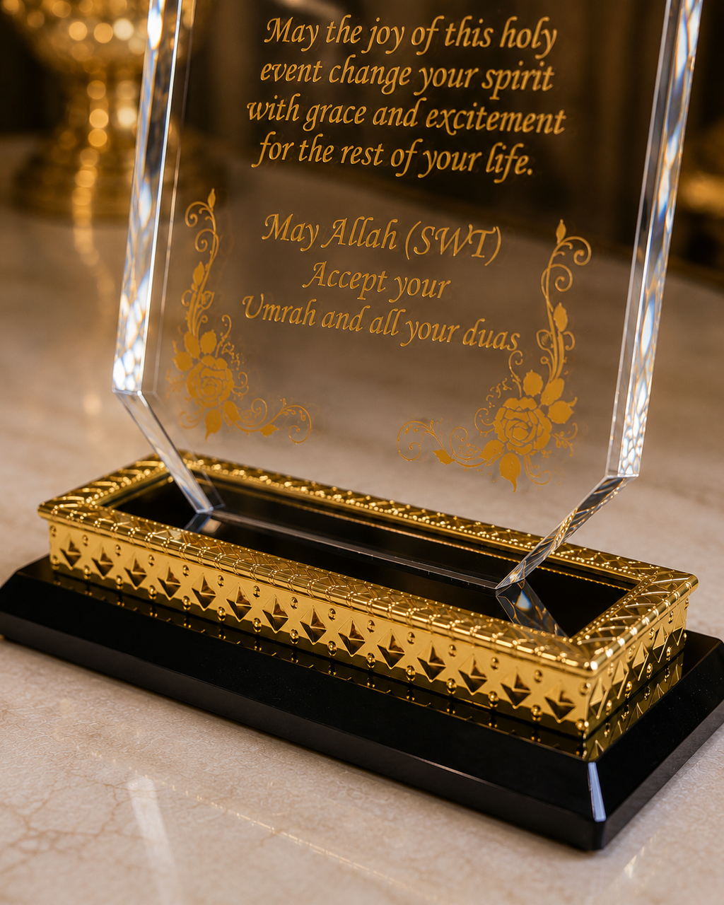 Umrah Mubarak Gold Floral Crystal Award Plaque