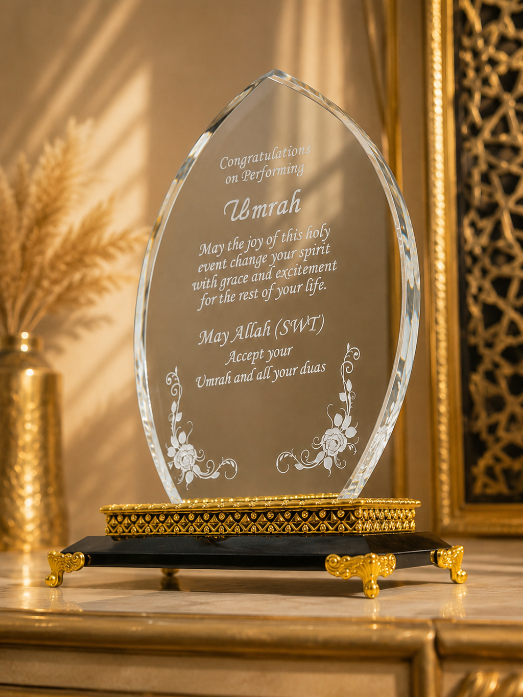Umrah Mubarak Frosted Crystal Plaque Gift with Gold Stand